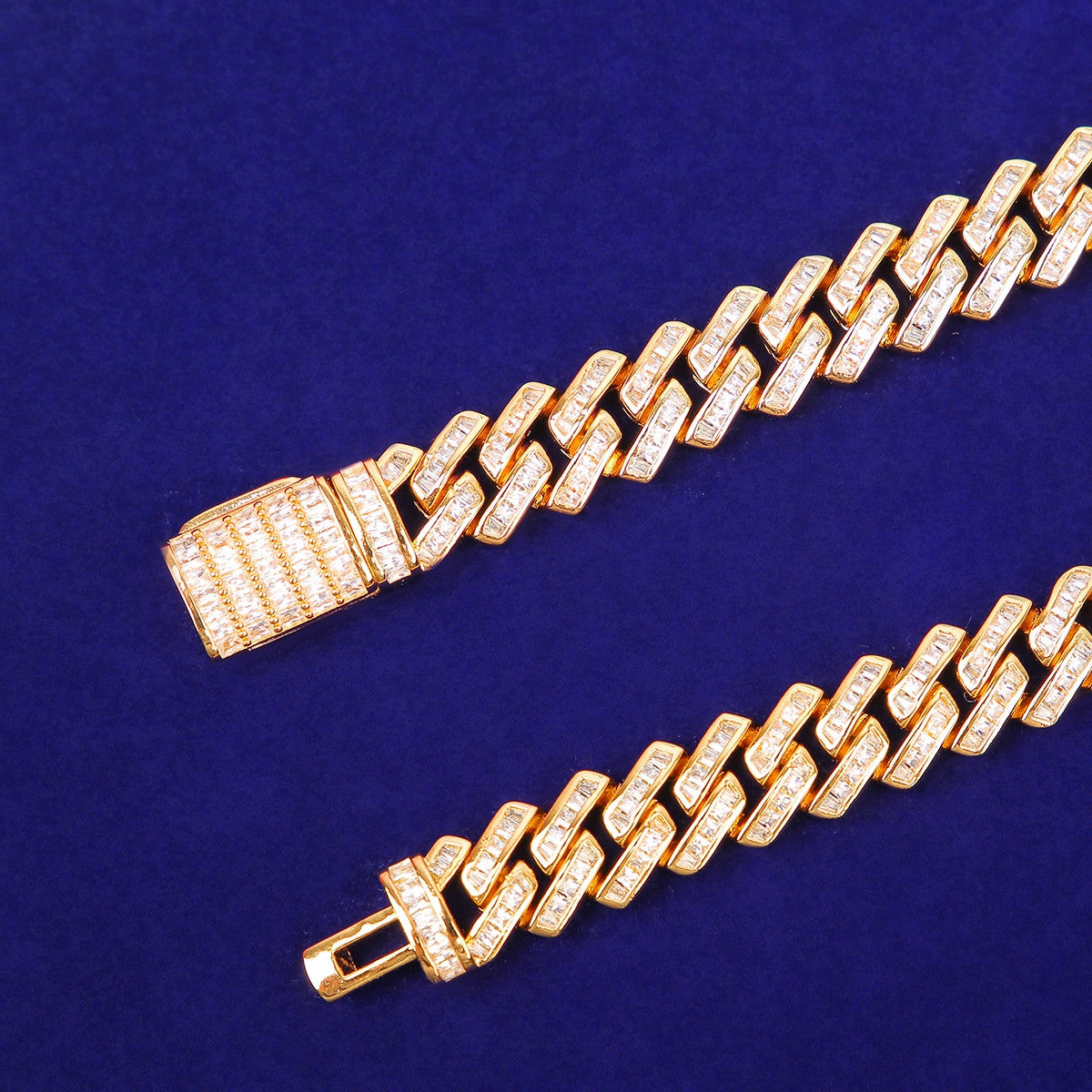 3A Flooded Ice 11mm Solid Baguette 24k Yellow 18k White Gold Miami Cuban Link Chain