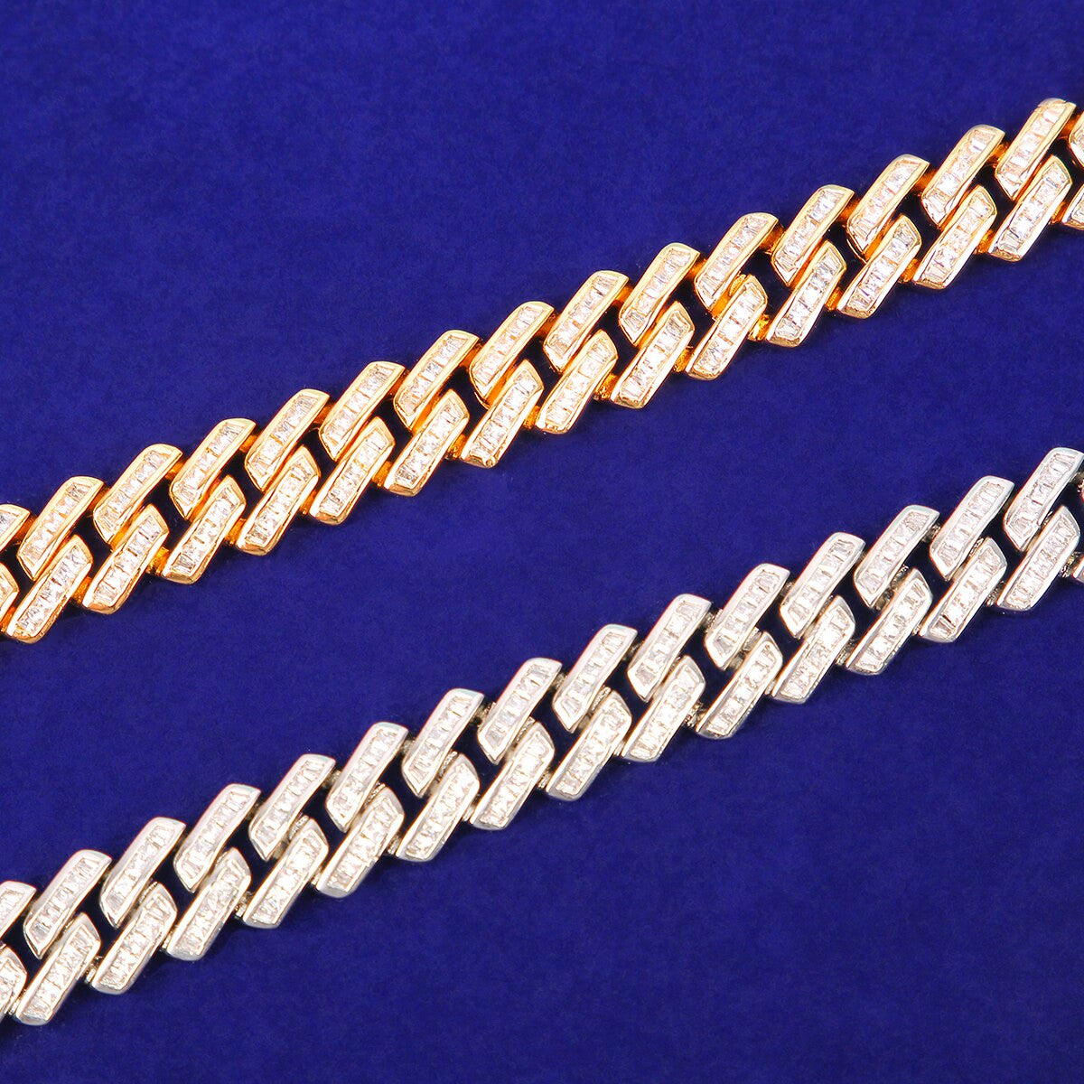 3A Flooded Ice 11mm Solid Baguette 24k Yellow 18k White Gold Miami Cuban Link Chain