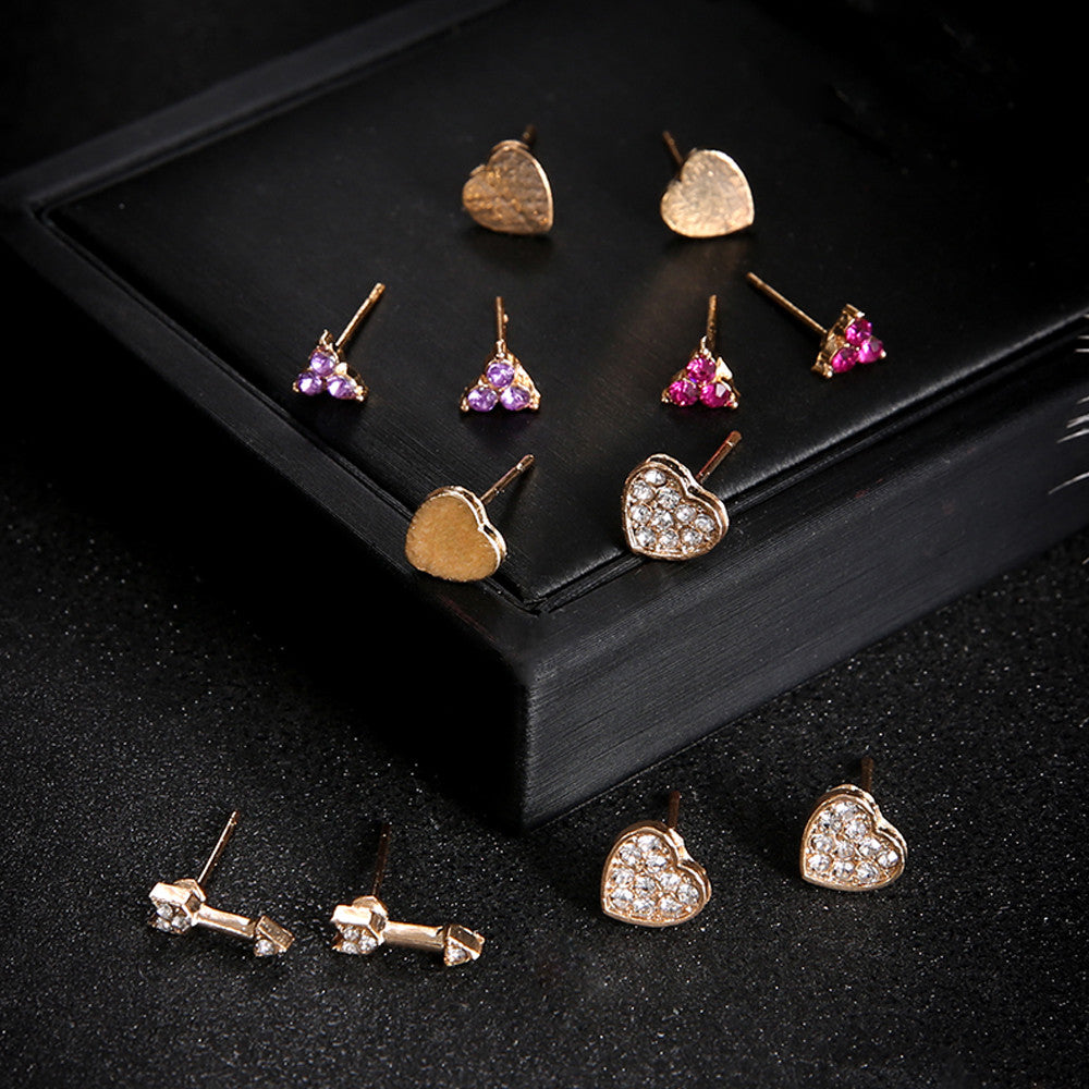 Ladies 12 Pcs Personality Girl Fashion Gold Heart Crystal Arrow Earrings Set