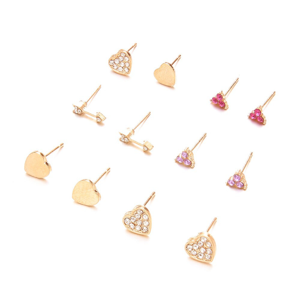 Ladies 12 Pcs Personality Girl Fashion Gold Heart Crystal Arrow Earrings Set