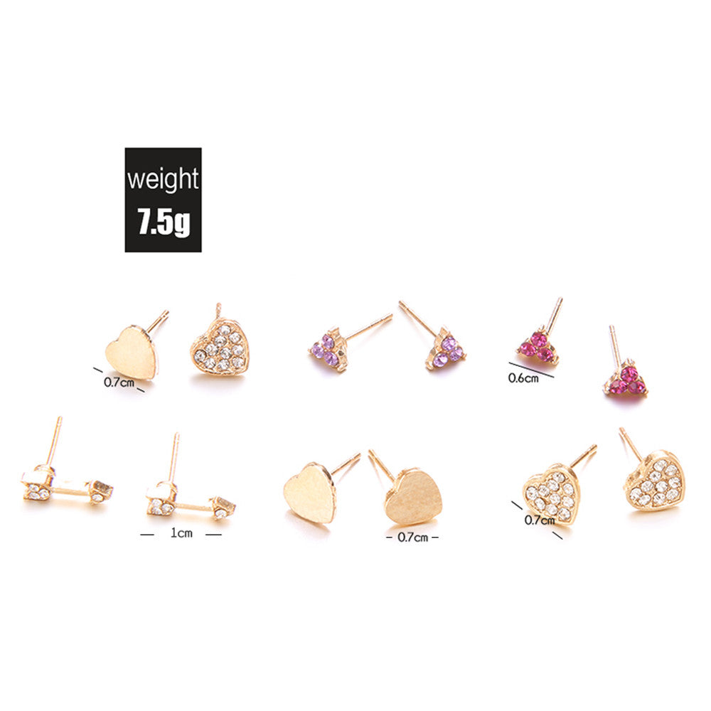 Ladies 12 Pcs Personality Girl Fashion Gold Heart Crystal Arrow Earrings Set