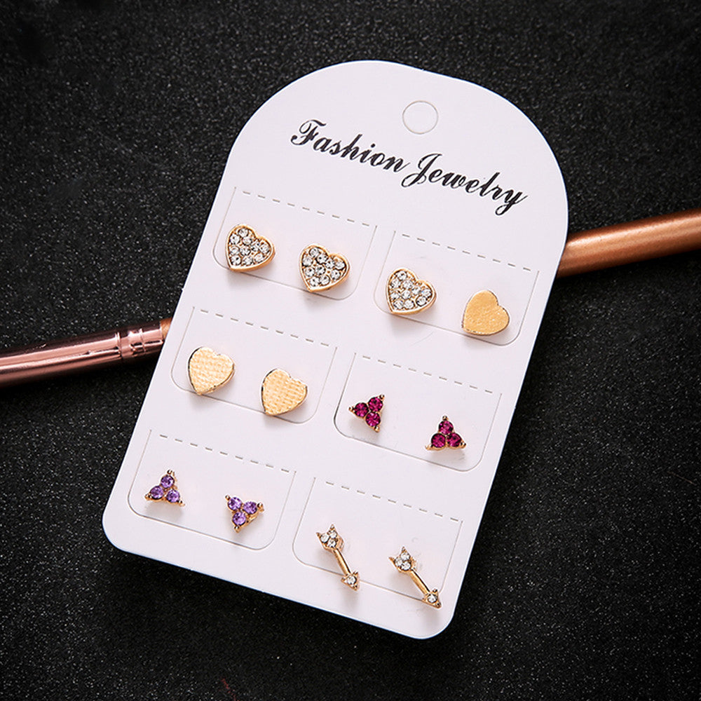 Ladies 12 Pcs Personality Girl Fashion Gold Heart Crystal Arrow Earrings Set