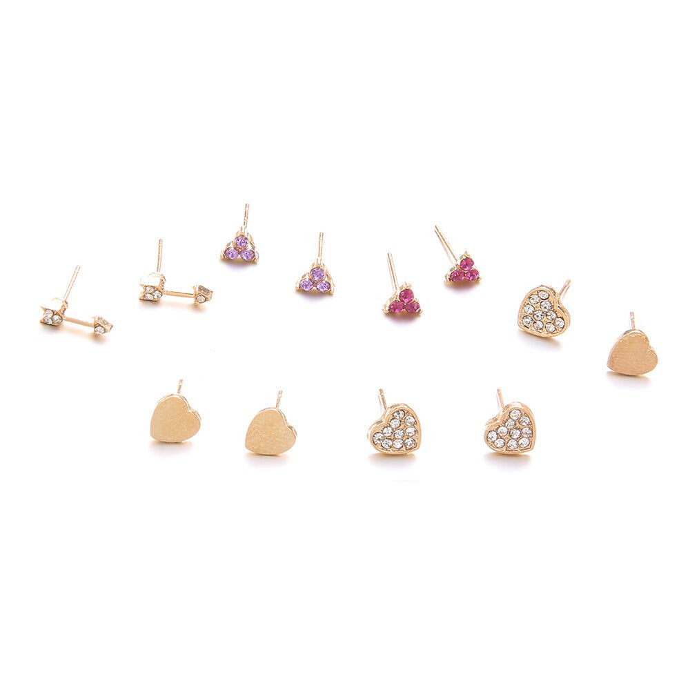 Ladies 12 Pcs Personality Girl Fashion Gold Heart Crystal Arrow Earrings Set