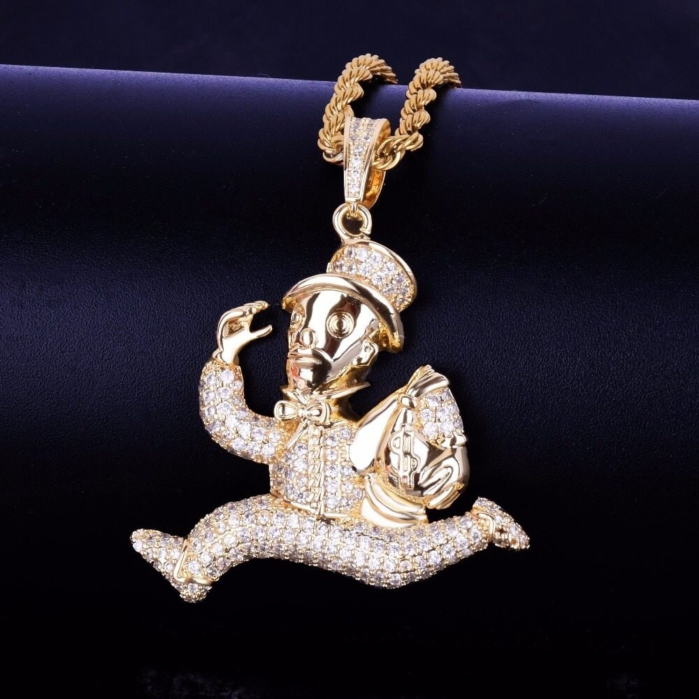 18k Gold Monopoly Money Bags Cuban Link Hip Hop Pendant Chain Necklace