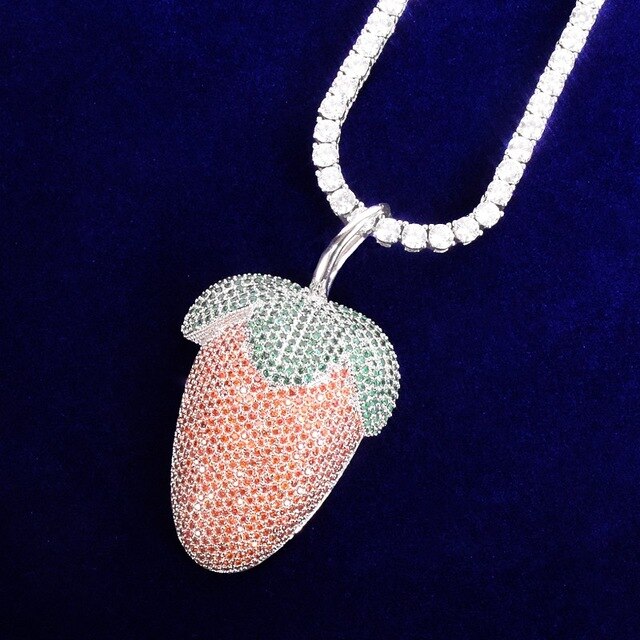 AAA True Micro Pave 18k Gold 925 Silver Strawberry Flooded Ice Pendant Chain Necklace