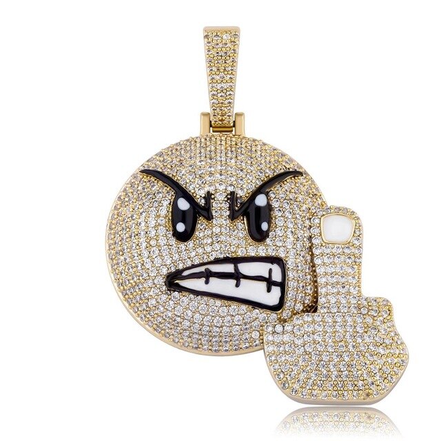 Mens New Bling Angry Face Middle Finger Emoji AAA Simulate Diamond Flooded Ice Pendant