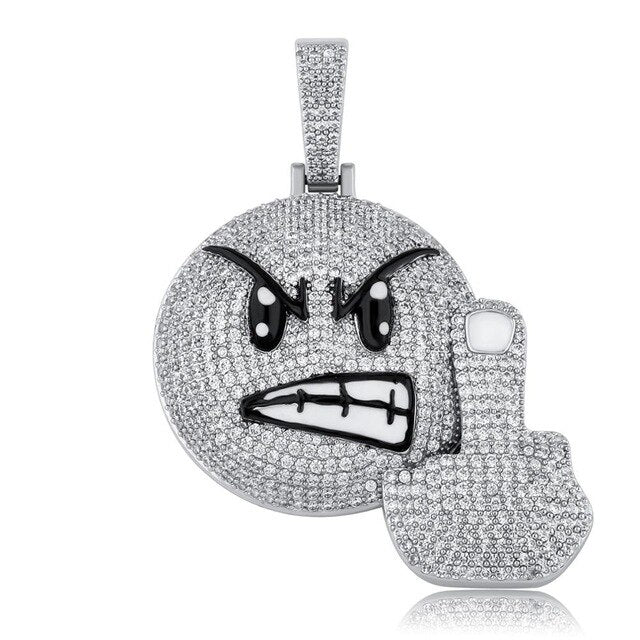 Mens New Bling Angry Face Middle Finger Emoji AAA Simulate Diamond Flooded Ice Pendant