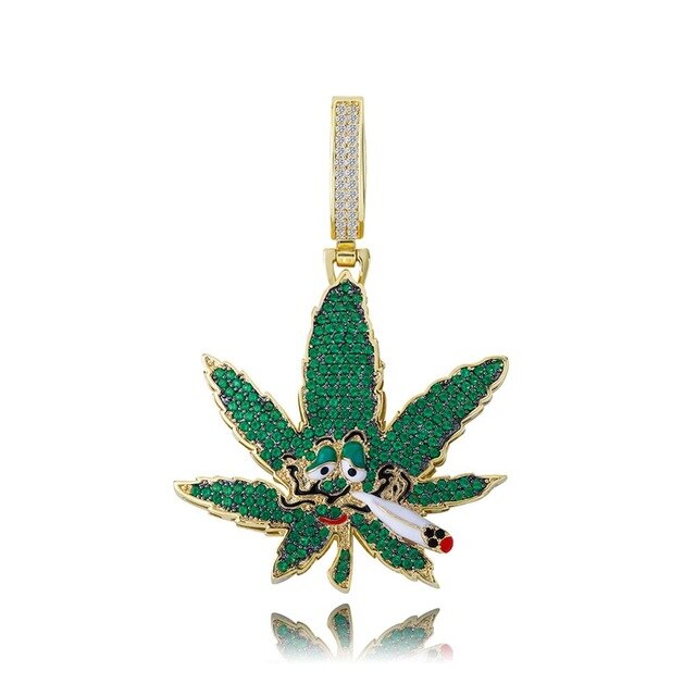 Flooded Ice Green Smoking Leaf Hip Hop Weed Pendant Bling Chain Necklace