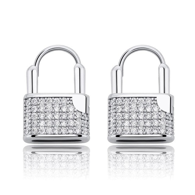 14k Silver Rose Gold Hip Hop Flooded Ice On Lock AAA Micro Pave Bling Earrings