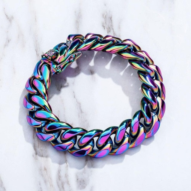10mm 14mm Stainless Steel Fashion Rainbow Color Cuban Link Hip Hop Bracelet