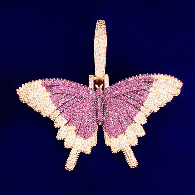 Double Stone 18k Gold 925 Silver AAA Micro Pave Butterfly Hip Hop Pendant Chain Necklace