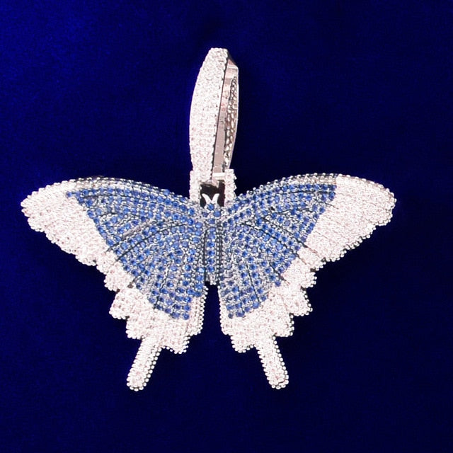 Double Stone 18k Gold 925 Silver AAA Micro Pave Butterfly Hip Hop Pendant Chain Necklace