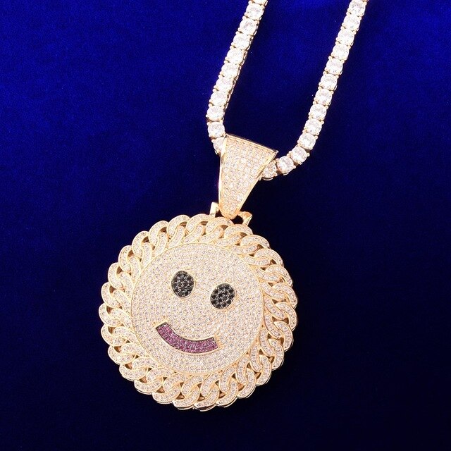 18k Gold 925 Silver Flooded Ice Cuban Link Design Smiley Face Hip Hop Pendant Chain Necklaces