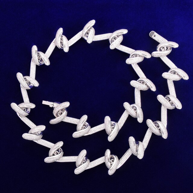 24k 925 Silver Hooked Barbed Wire Flooded Ice AAA Micro Pave Chain Necklace