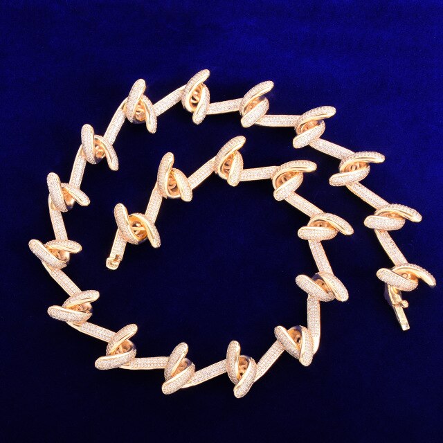 24k 925 Silver Hooked Barbed Wire Flooded Ice AAA Micro Pave Chain Necklace