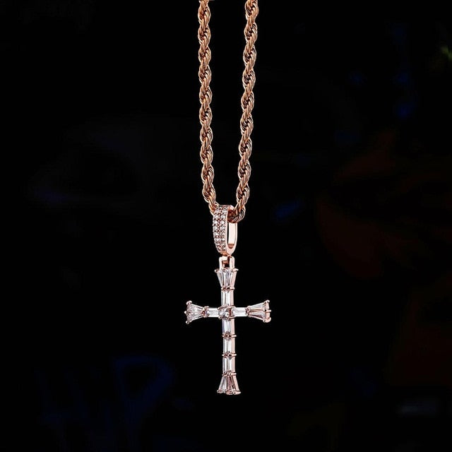 14k Silver Rose Gold All Ice Baguette Center Stone Hip Hop Cross Pendant Chain Necklace