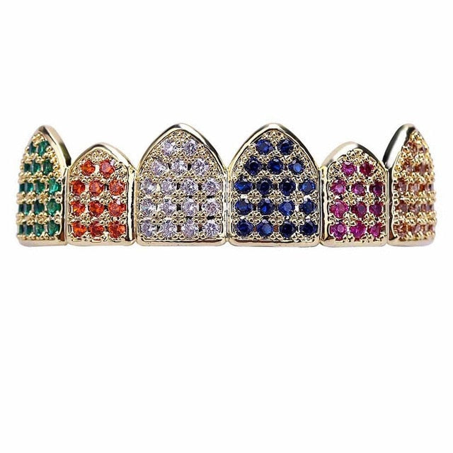 14k Gold 925 Silver Multi Color Rainbow Iced Prong Set Bling Bling Teeth Grillz