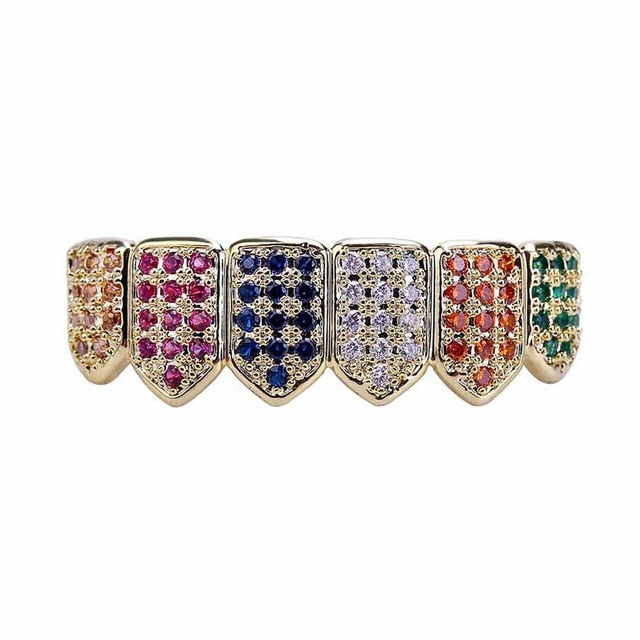 14k Gold 925 Silver Multi Color Rainbow Iced Prong Set Bling Bling Teeth Grillz
