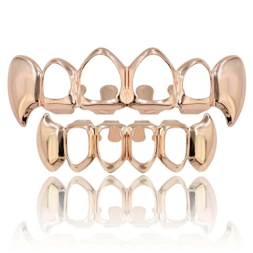 Gold Silver Rose Gold Black Hematite Hip Hop Teeth Fang Hollow Vamp Grill Top & Bottom Set