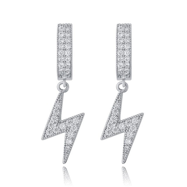Retro Huggie Lightning | VVS Diamond CZ Hoop Thunderbolt Bling 4 Prong Set Stone Earrings