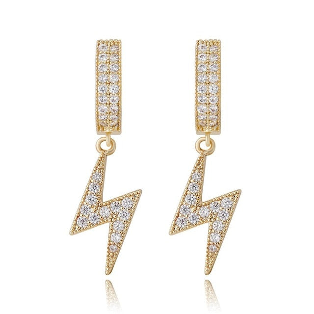 Retro Huggie Lightning | VVS Diamond CZ Hoop Thunderbolt Bling 4 Prong Set Stone Earrings