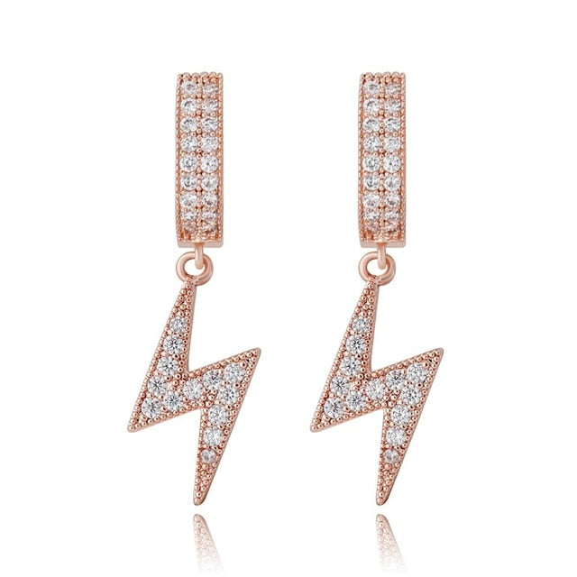 Retro Huggie Lightning | VVS Diamond CZ Hoop Thunderbolt Bling 4 Prong Set Stone Earrings