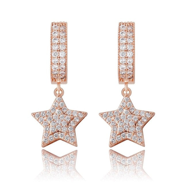 Retro Huggie Star | Hip Hop 5 Point Huggie 18k Gold Rose Gold 925 Silver Bling Earrings