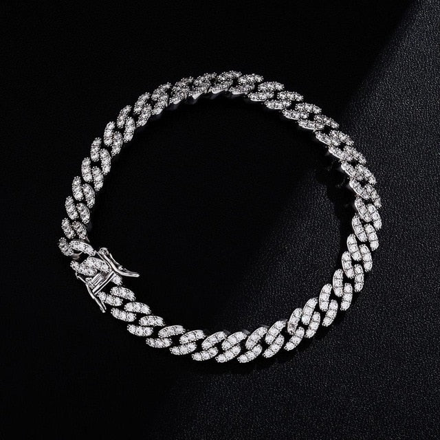 9mm 14k Gold 925 Silver Cuban Link Prong Set Stone Bling Anklet Ankle Bracelet