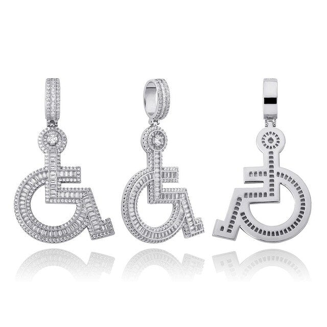 14k Gold 925 Silver Flooded Ice Baguette Wheelchair Baguette Pendant Chain Necklace