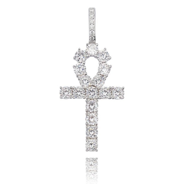 Key Of Life 925 Sterling Silver Iced Ankh Cross Egyptian Pendant Necklace