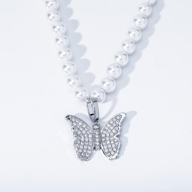 Ladies High Fashion Vintage Look White Pearl Necklace Flooded Ice Butterfly Pendant Charm