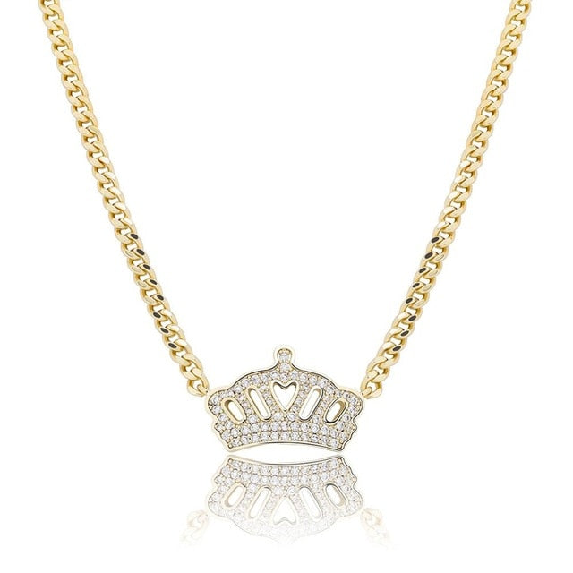 Ladies Flooded Ice Queens Crown Micro Pave Hip Hop Pendant Chain Necklace