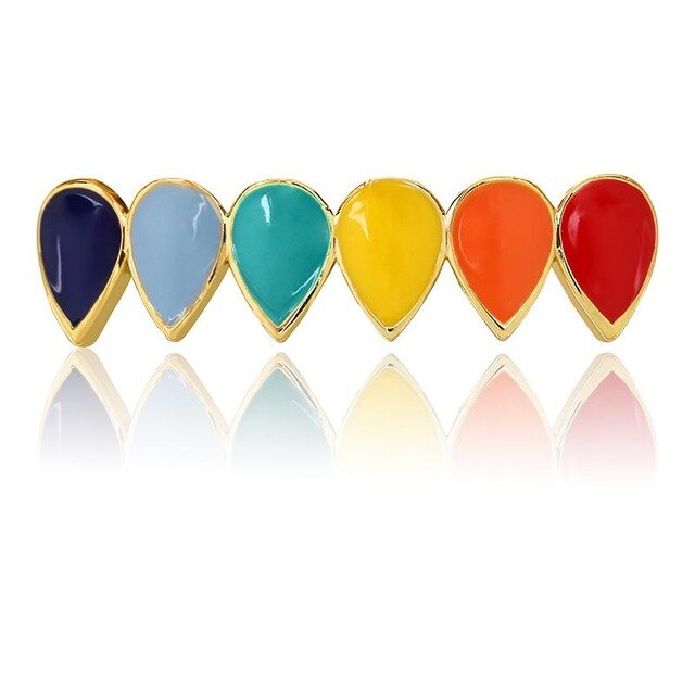Hip Hop Rainbow Tear Drops 14k Gold .925 Silver Grillz Top Bottom Teeth Grill Set