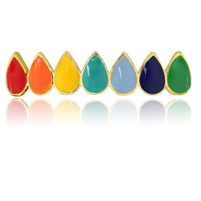 Hip Hop Rainbow Tear Drops 14k Gold .925 Silver Grillz Top Bottom Teeth Grill Set