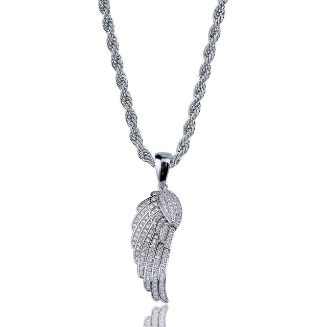 14k Gold 925 Silver Flooded Ice Angel Wings Hip Hop Pendant Chain Necklace