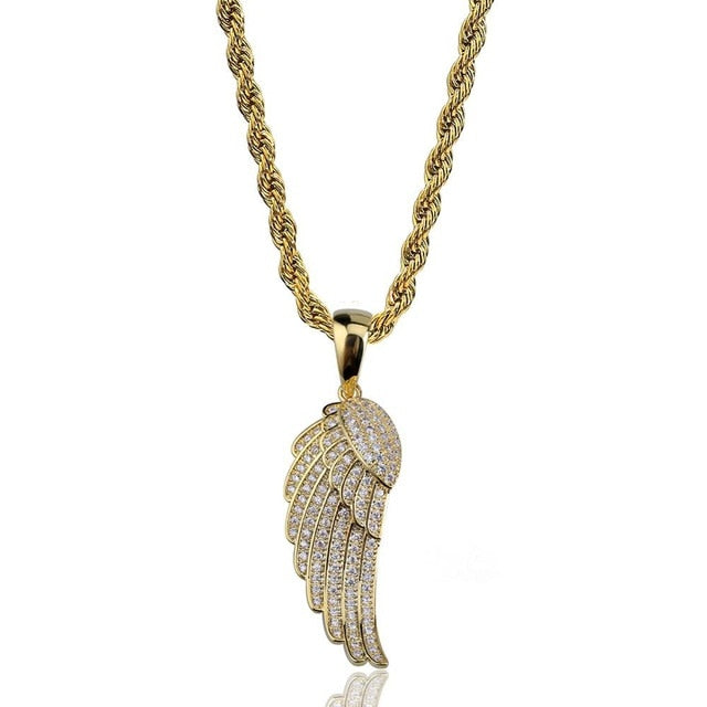 14k Gold 925 Silver Flooded Ice Angel Wings Hip Hop Pendant Chain Necklace