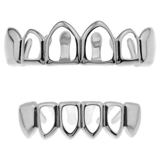 14k Silver Rose Gold Black Hematite Open Face Hip Hop Full mouth Grillz Teeth Gills Set