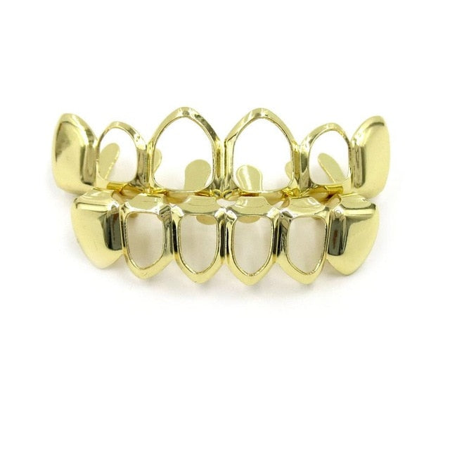 14k Silver Rose Gold Black Hematite Open Face Hip Hop Full mouth Grillz Teeth Gills Set