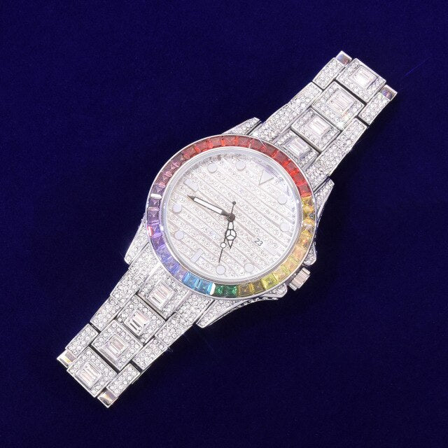 18k 925 Mens Big Boy Colorful Flooded Ice Stone Rainbow Bezel Wrist Watch