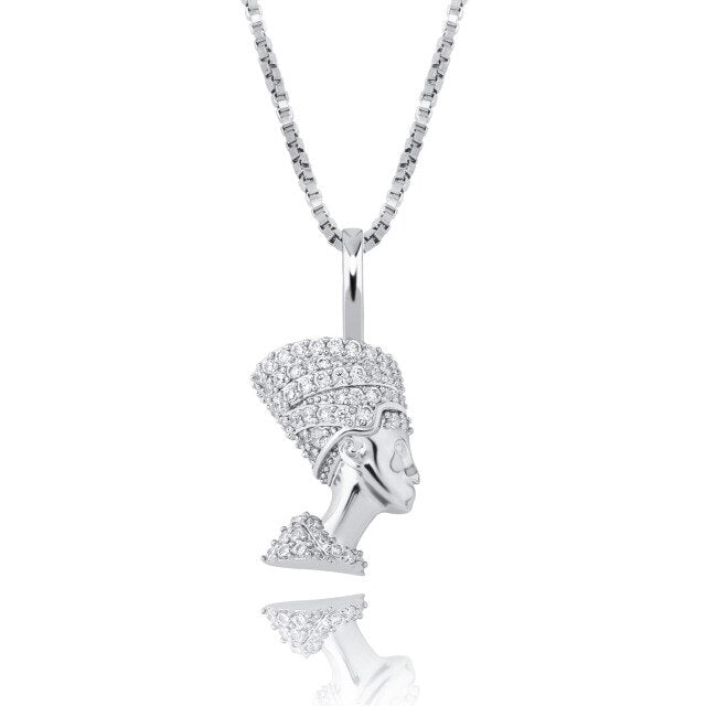 Sterling Silver Ancient African Egyptian Queen Nefertiti Iced Chain Necklace