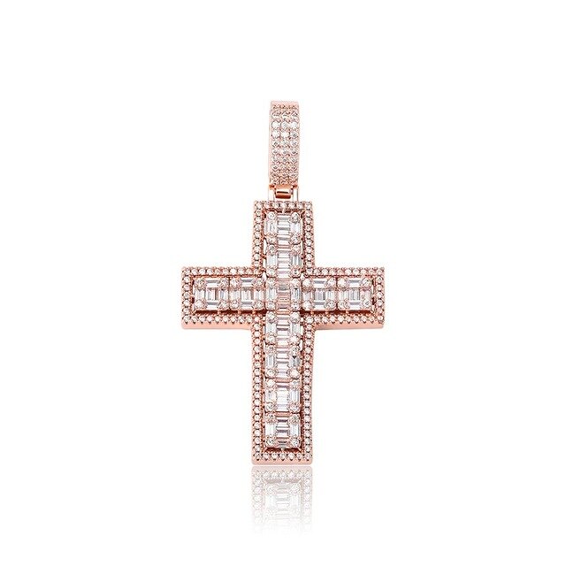 Flooded Ice True Micro Pave 14k 925 Rose Gold Bling Cross Pendant Chain Necklace