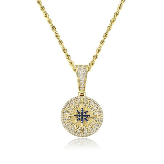 Hip Hop True Micro Pave Flooded Ice Compass Pendant Chain Necklace