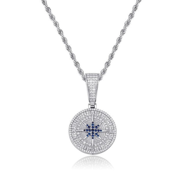 Hip Hop True Micro Pave Flooded Ice Compass Pendant Chain Necklace