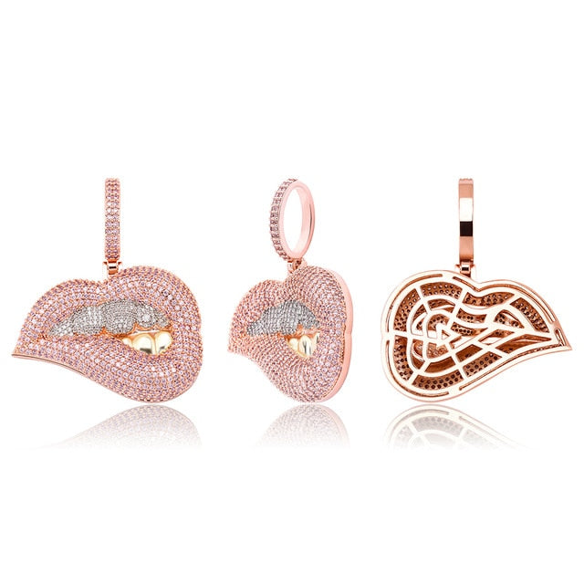 Hip Hop Sexy Ladies Drip Drop Bottom Lip Bite Bling Micro Pave Pendant Chain Necklace