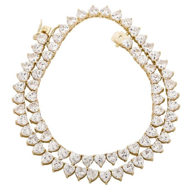 Rose Gold 14k 925 Silver Total Iced AAA Heart Shaped Prong Set Tennis Chain Necklace