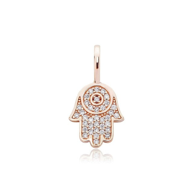 14k Rose Gold Over Sterling Silver Flooded Ice Hamsa Hand Bling Pendant Chain Necklace