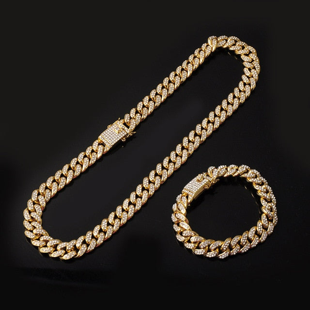 14k Gold 925 Silver Flooded Ice Miami Cuban Link Necklace Watch Bracelet Jewelry Set