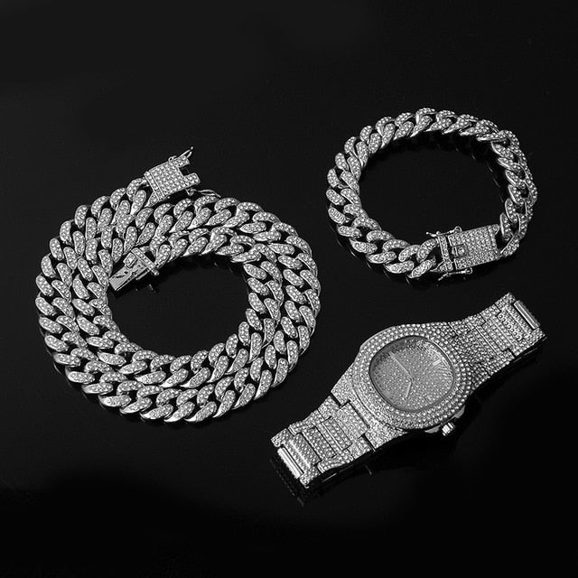 14k Gold 925 Silver Flooded Ice Miami Cuban Link Necklace Watch Bracelet Jewelry Set