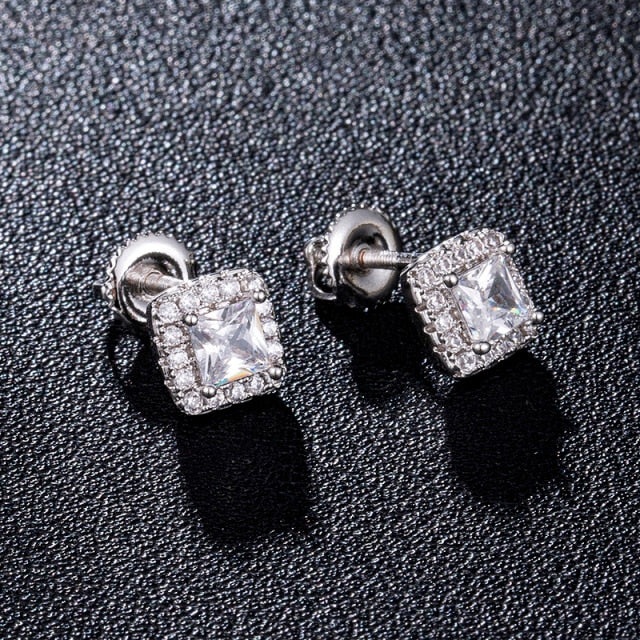 7mm Flooded Ice Square AAA Center Stone 14k Gold 925 Silver Earrings