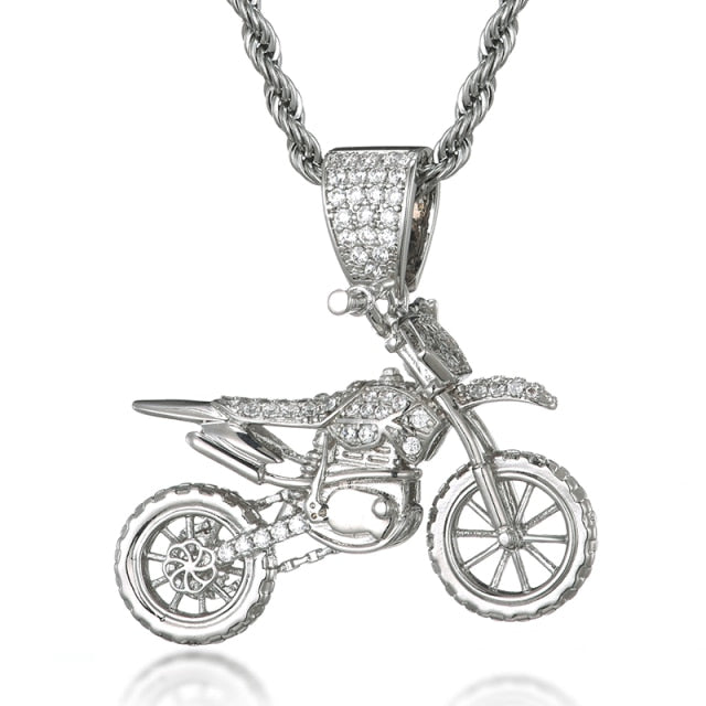 Hip Hop AAA Micro Pave Biker Boy Motorcycle 14k Gold 925 Silver Iced Bling Pendant Chain Necklace